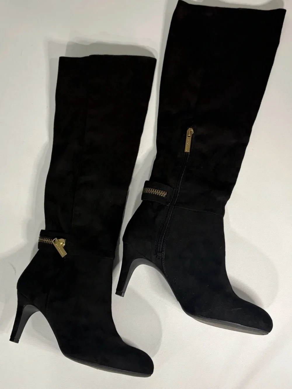 BCBG Black Over-the-Knee Suede Heeled Boots with Gold Zipper Detail